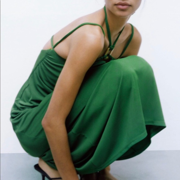 ZARA Flowy Tied Dress Green BNWT - Picture 5 of 6
